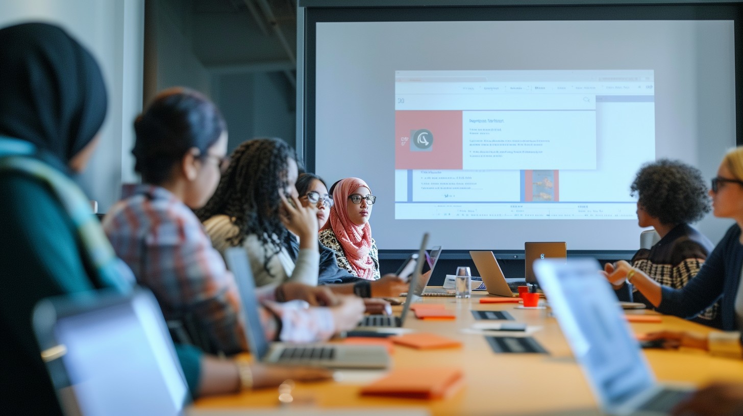 Diverse professionals in a conference room training session, collaborating around a table with laptops and materials.