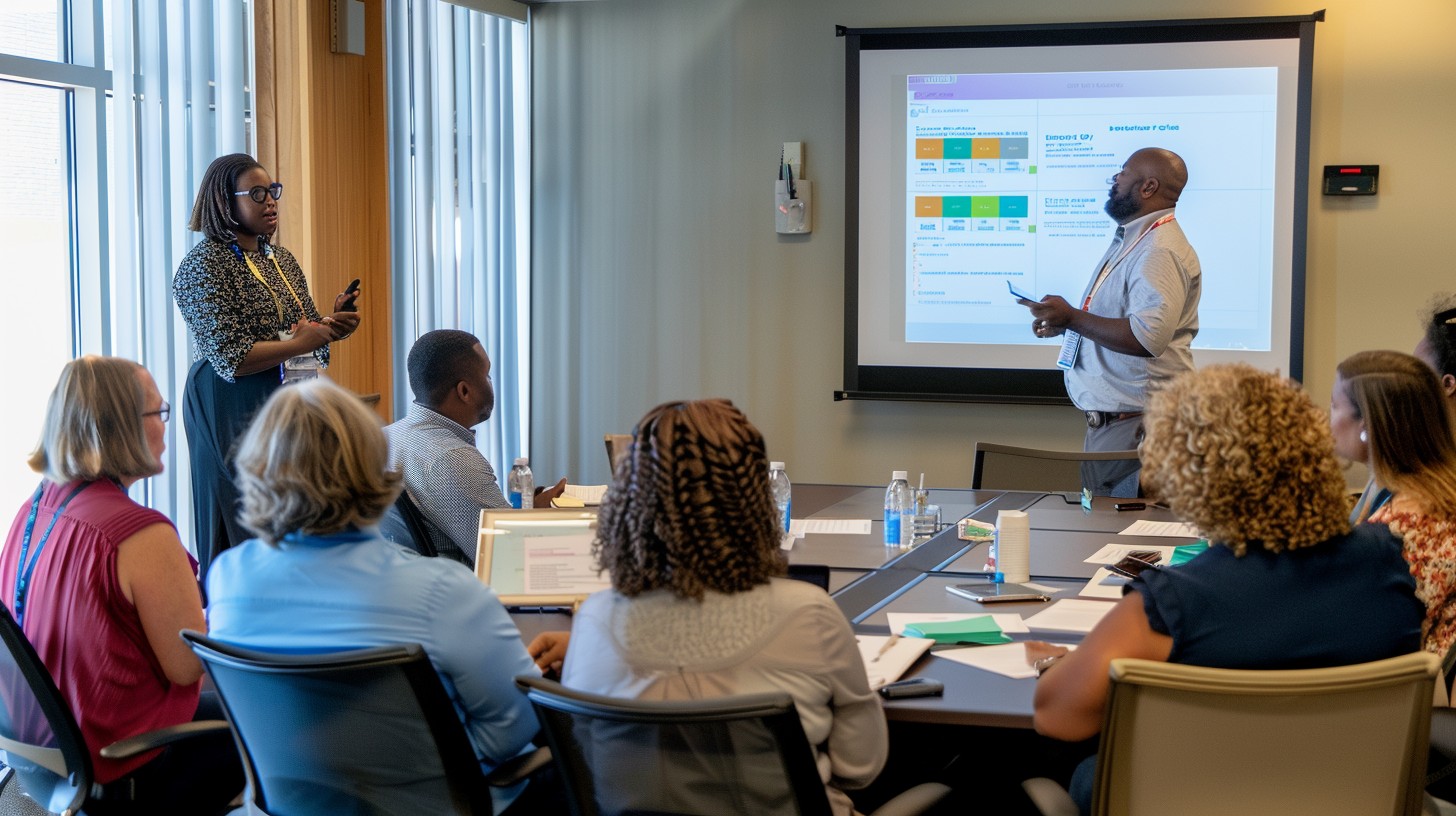 A diverse group of professionals in a training room engaged in collaborative discussion and hands-on learning with laptops.
